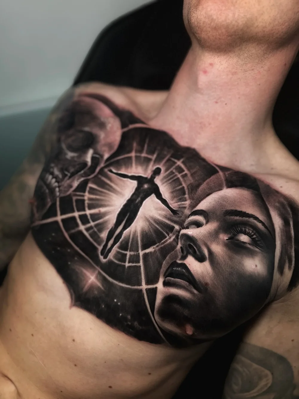 Ascension, chest, black and grey realism