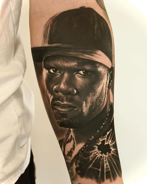 Get Rich, forearm, black and grey realism
