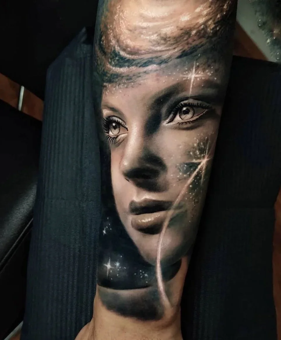 Stardust, forearm, black and grey realism