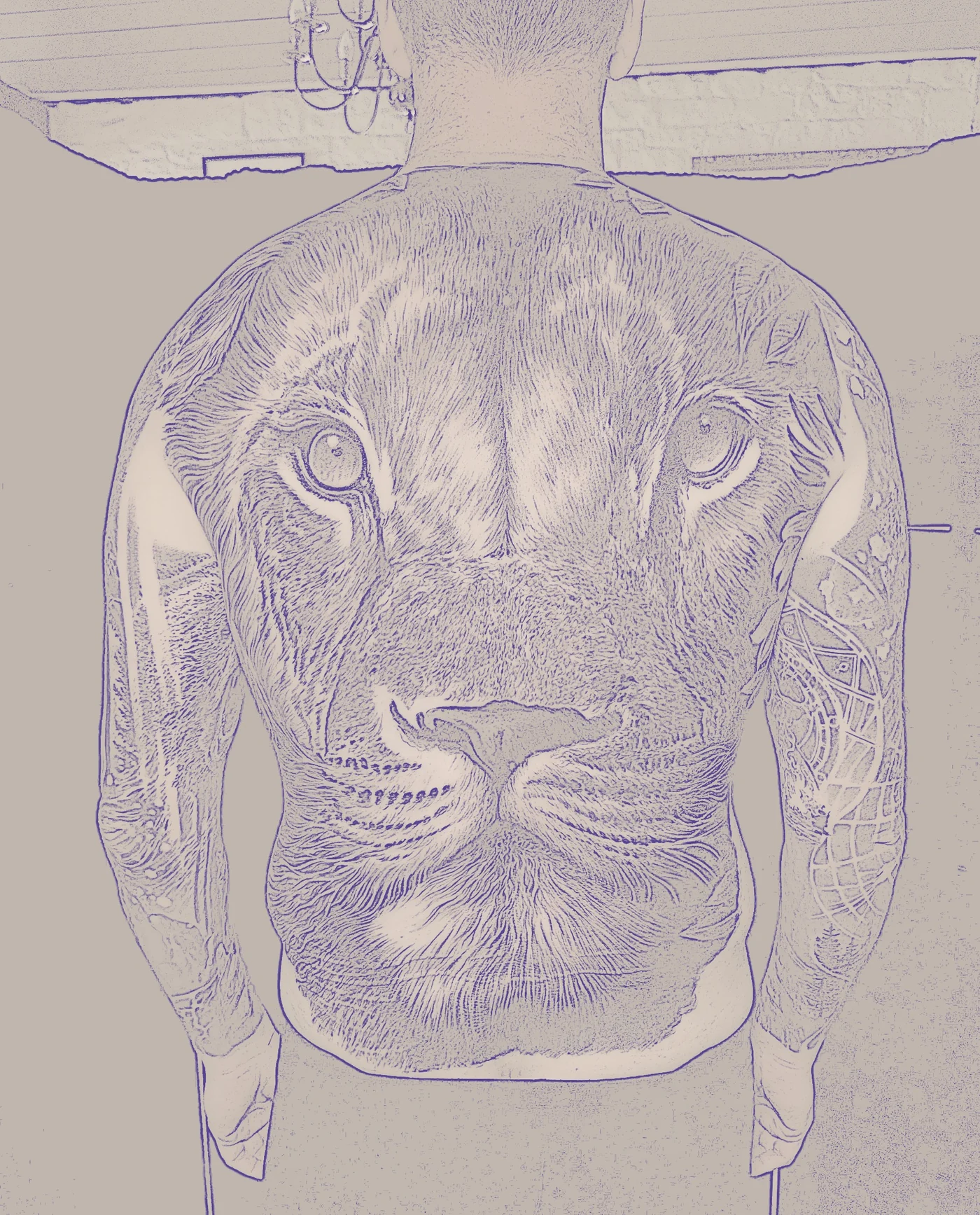 Stencil linework for a full back lioness piece