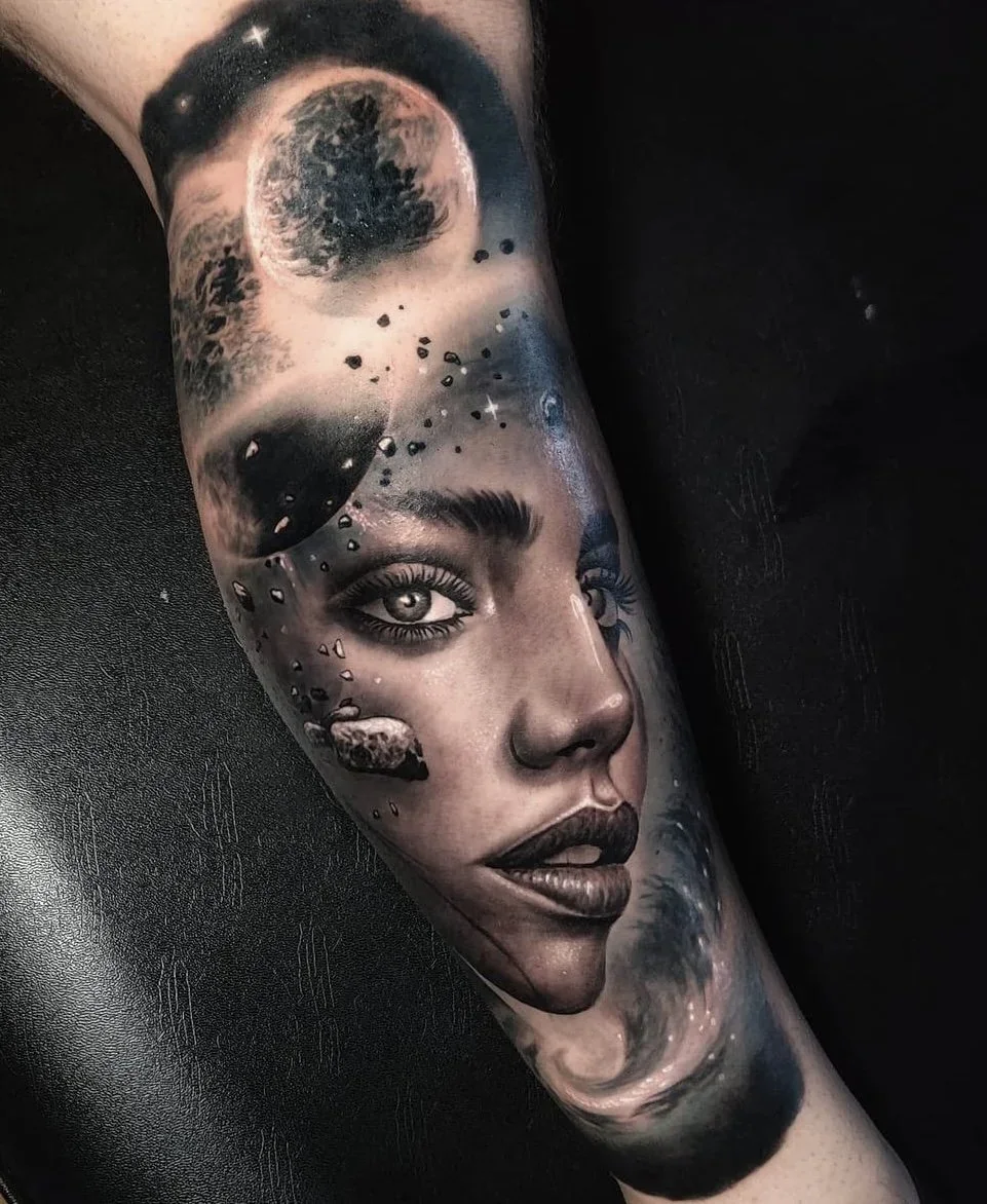 Moonlit, forearm, black and grey realism